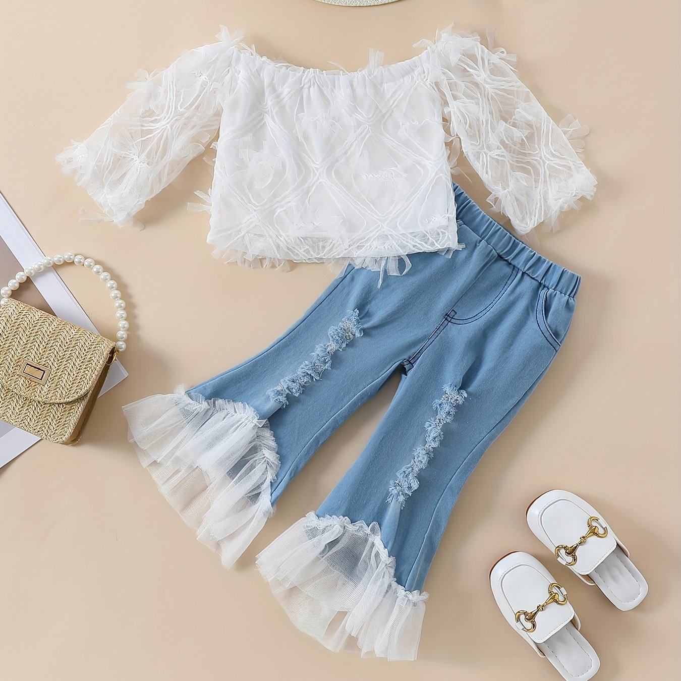 White Lace Off-The-Shoulder Top with Faux Denim Bell Bottom Faux Denim, Tulle Trim Halloween Christmas Outfit, for Outdoor