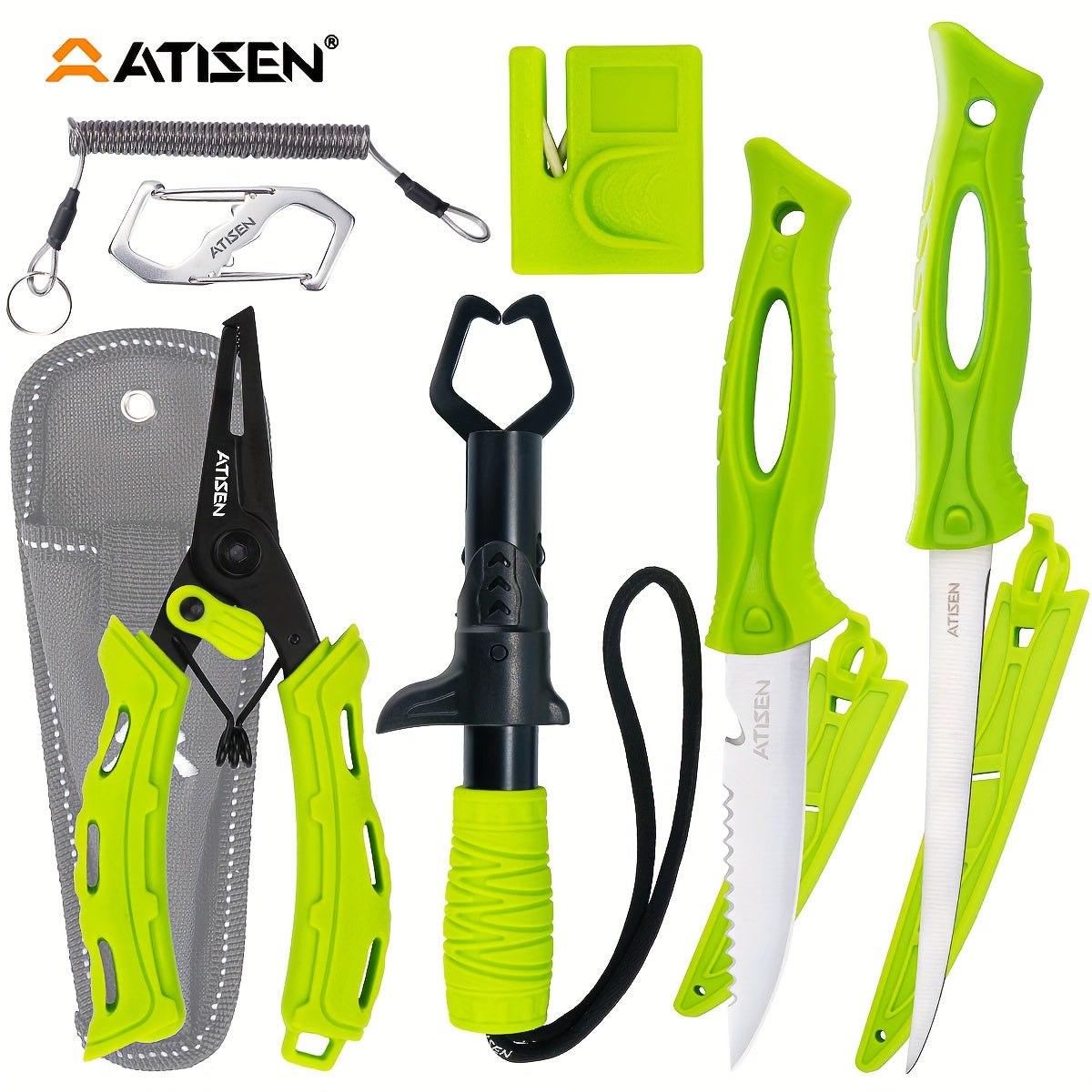 ATISEN 10/16pcs Professional Fishing Knife Set, Fish Angle Knife Set - for Filleting And Boning Fish, Dishwasher Safe - Filleting Knife, Road Runner Pliers, Fish Lip Gripper, Knife Sharpener, Retractable S-Buckle W/Harness Gi