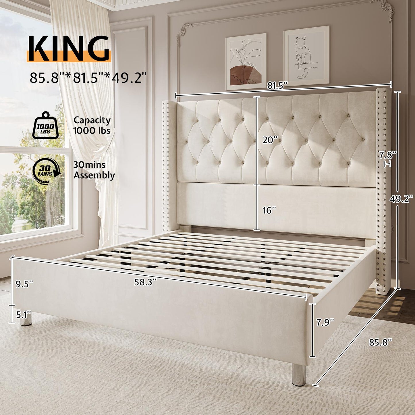ALBOTT Modern Luxury Queen/King Size Upholstered Platform Bed Frame with 50" Tall Wingback Headboard - Dark Brown/Black Velvet, Button Tufted & Nailhead Trim, Sturdy, No Box Spring, Easy Assembly (Queen/King