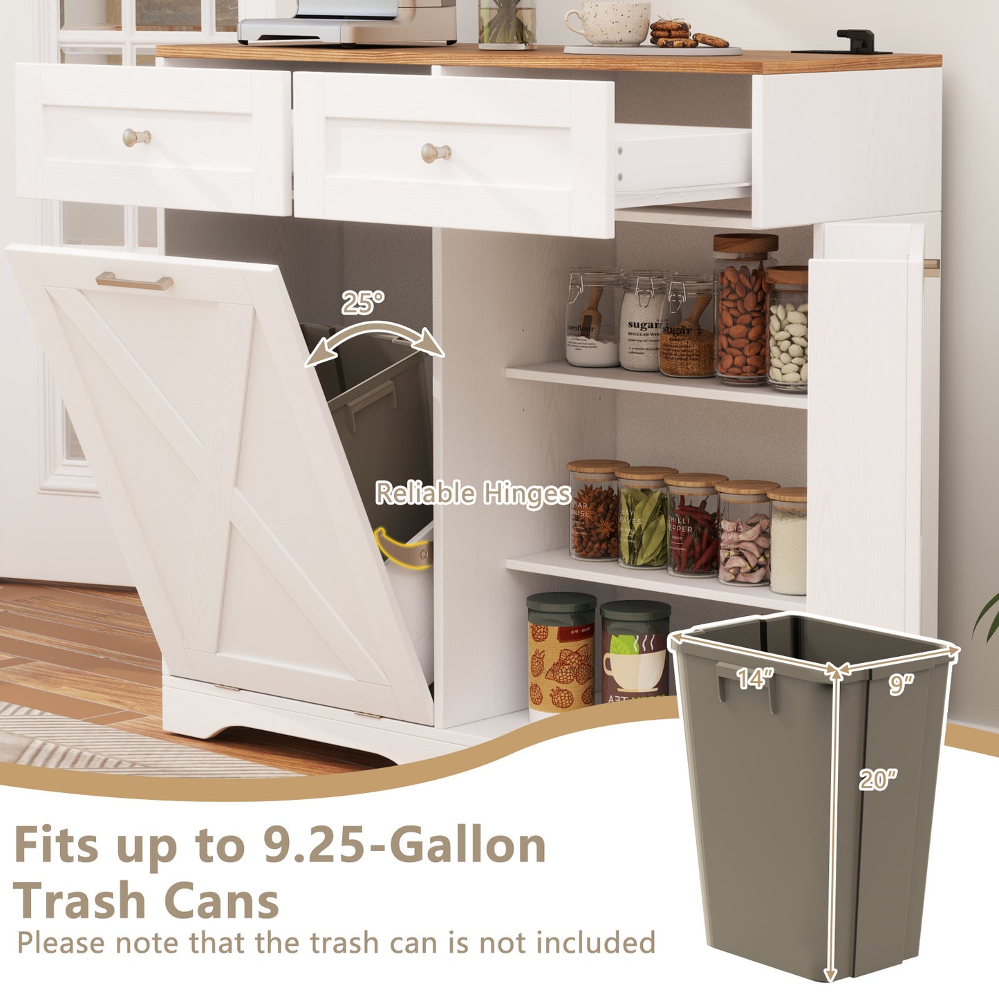 COSTWAY Tilt Out Trash Bin Cabinet, Kitchen Island with Outlet, 2 Drawers, Adjustable Shelf & Barn Door, Pantry Storage Cabinet, Pet-Proof Garbage Can for Dining Room & Laundry Room