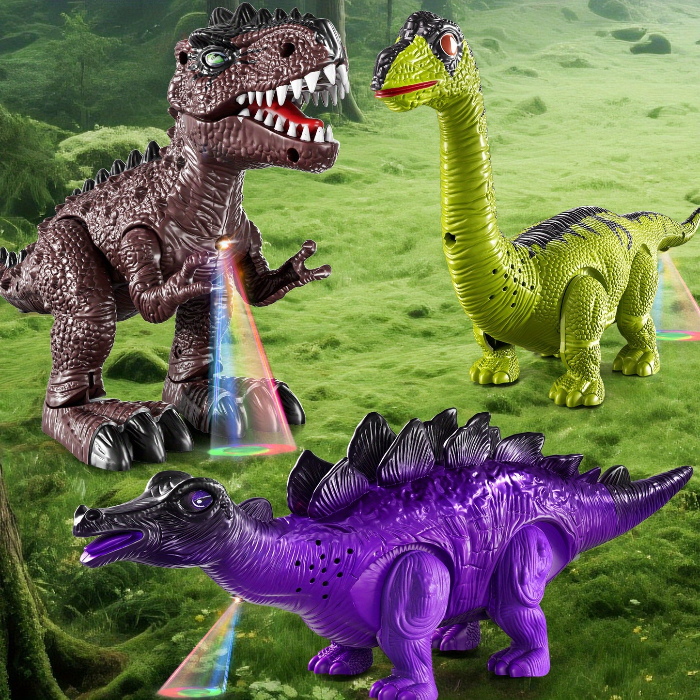 3 Pack Electric Dinosaur Toys with Sound Light & Walking Effects, Toy Gifts for Boys Kids 3 4 5 6 7 Years Old, Interactive Movable Dino Toyset