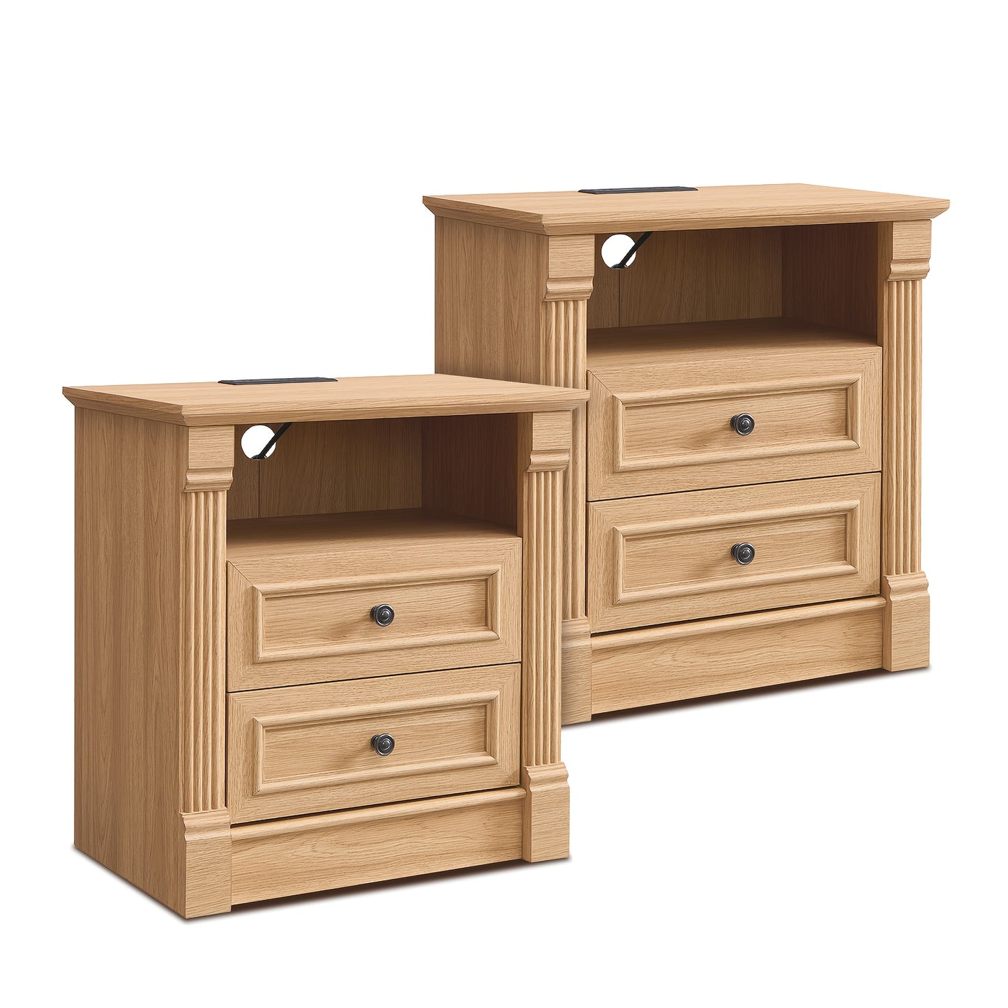Set of Two 26-Inch Tall Farmhouse Nightstands Featuring Two Drawers And a Charging Station, a Large 23.6-Inch Wide Side Table with a Roman Column Design, a Rustic Wooden Sofa Table with an Open Shelf, And a Bedside Table Suit
