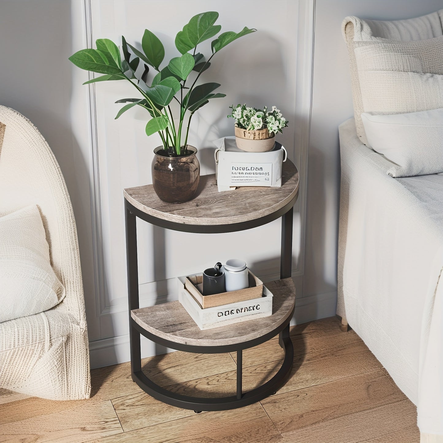 2-Tier End Table Semi Circle, Small Half Round Side Table with Storage Shelf, Wood Accent Table Slim C Table for Sofa Couch, Living Room, Bedroom, Small Space, Easy Assembly