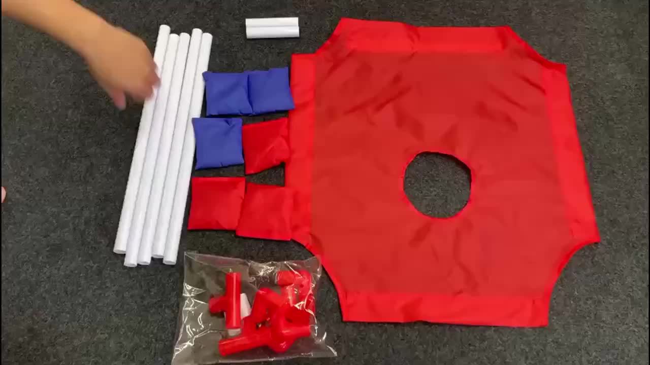 A Foldable And Sturdy Red And Blue Corn Hole Game Set, Perfect for Outdoor Gatherings, Camping Trips, And Backyard Fun. It Includes 6 Bean Bags And Does Not Need Batteries, Making It Ideal for Christmas And Halloween Celebrat