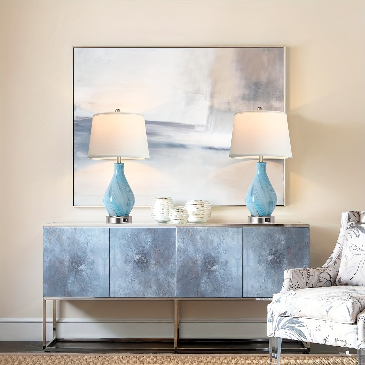 Modern Accent Table Lamp Set Of 2 Touch Control, 22" Faded Swirl Blue Gray Art Glass Bedside Lamp With USB Ports, 3-Way Dimmable Hand Crafted Nightstand Lamps White Drum Shade For Living Room Bedroom, Suitable For Christmas A