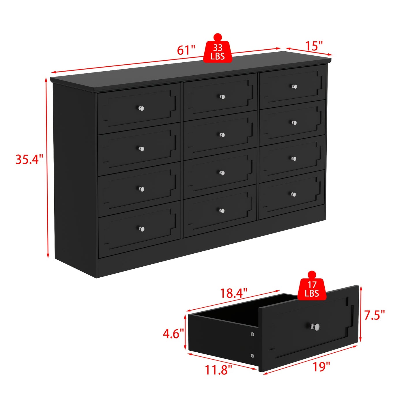 12-Drawer Double Dresser Storage Box, 61'' W Modern Wooden Chest Of Drawers with Handles, Deep Drawers, for Living Room, Bedroom, Hallway, Large Storage Space, Black