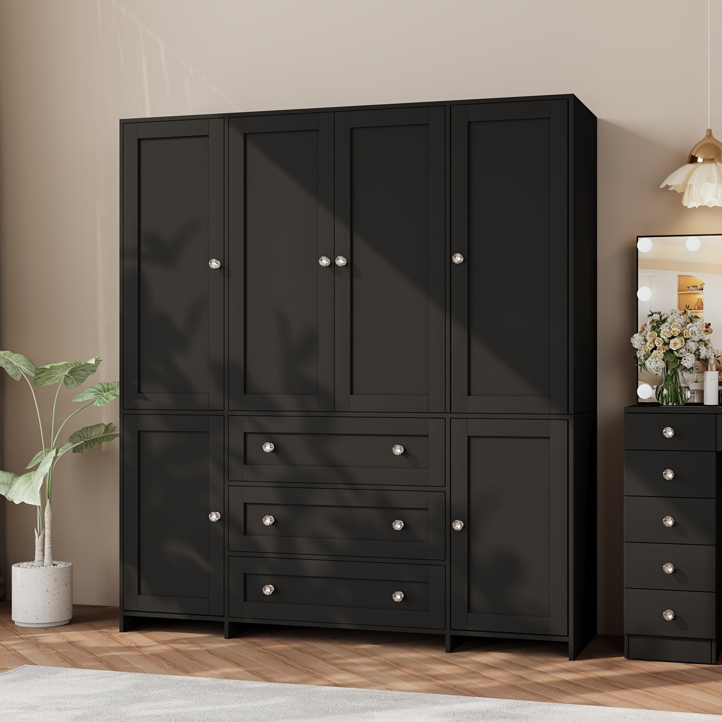47"/63" Large Modern Armoire Wardrobe Closet with Mirror Door, Hanging Rod, Drawers & Shelves - -Standing Dresser Suitable for Bedroom, Assembly, Wood & MDF