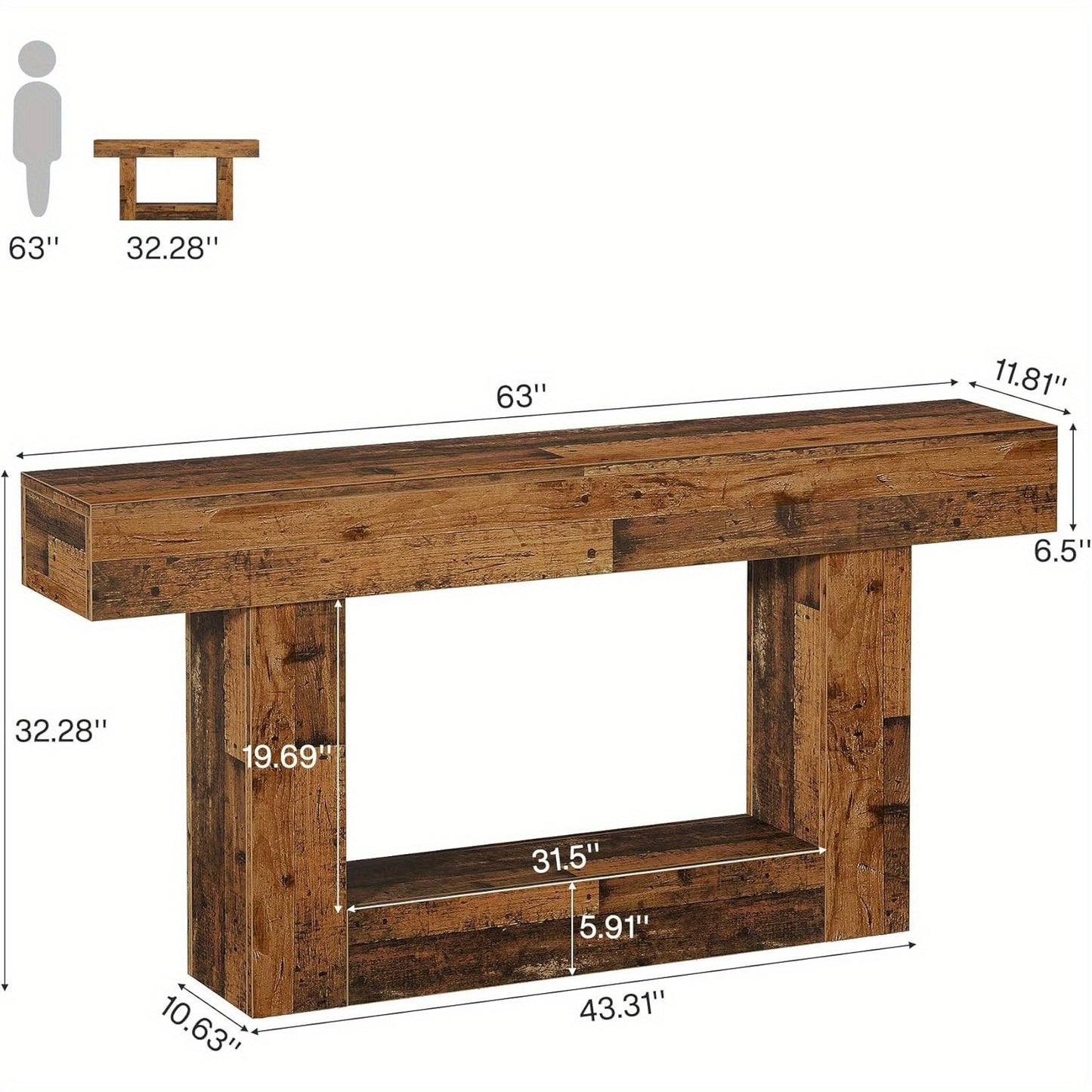 63-Inch Long Console Table, 2-Tier Entryway Table Sofa Table with Storage, Farmhouse Wood Behind Couch Table for Living Room, Hallway, Rustic Mixed Brown