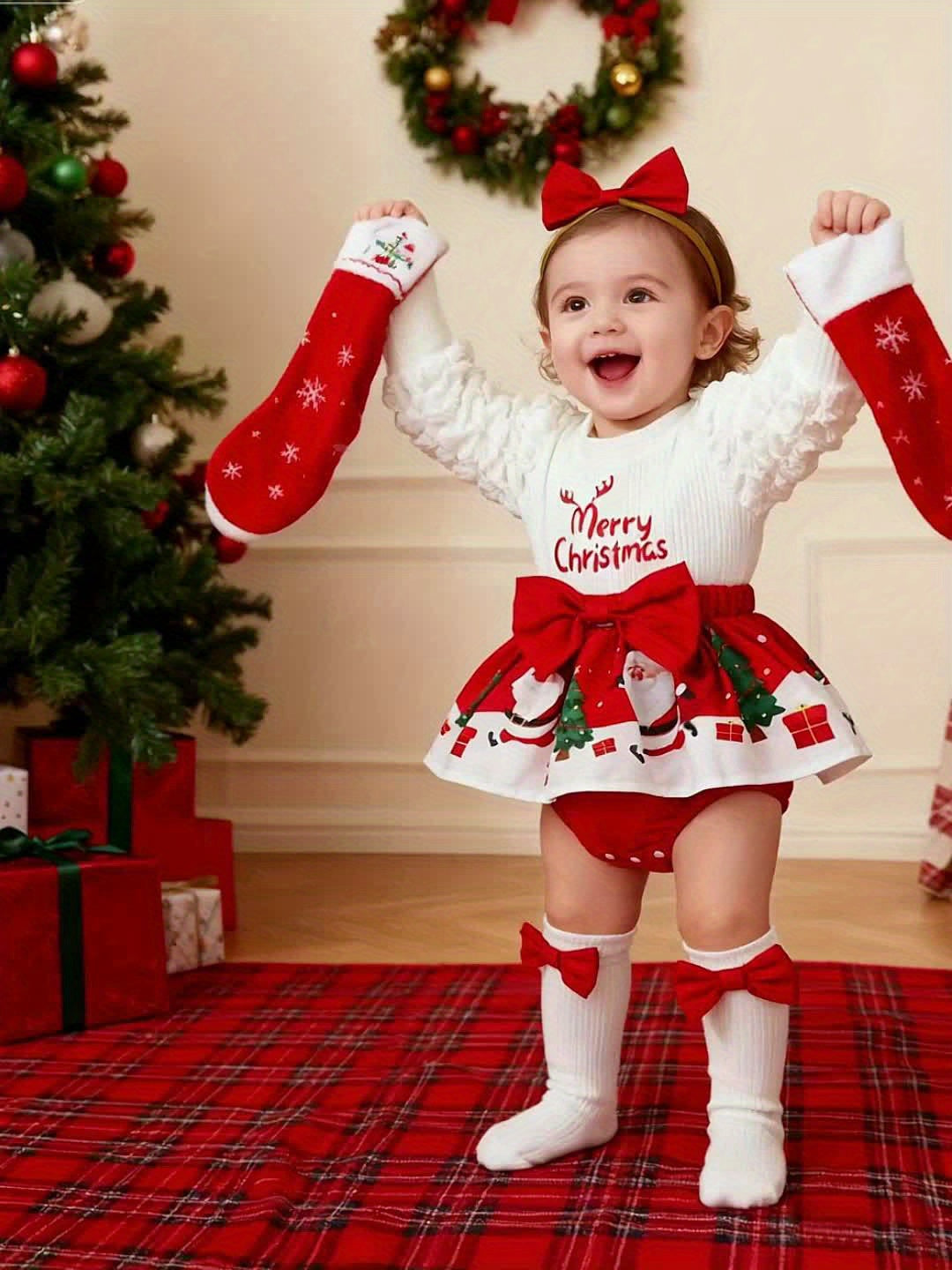 3pcs Set for Baby Girls Featuring a Christmas-Themed Long-Sleeve Romper Dress with a Round Neck, Lantern Sleeves, And Santa Claus Print, Along with a Headscarf And Socks, for Outdoor