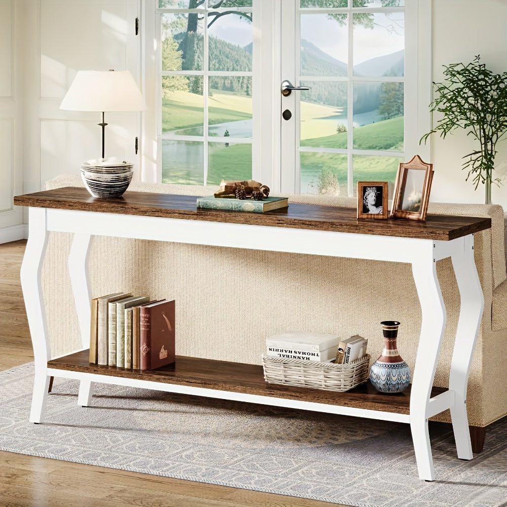 70.9 Inches Extra Long Sofa Table Behind Couch, Vintage Console Entry Table With 2-Tier Storage For Hallway, Entryway, Living Room, White & Brown