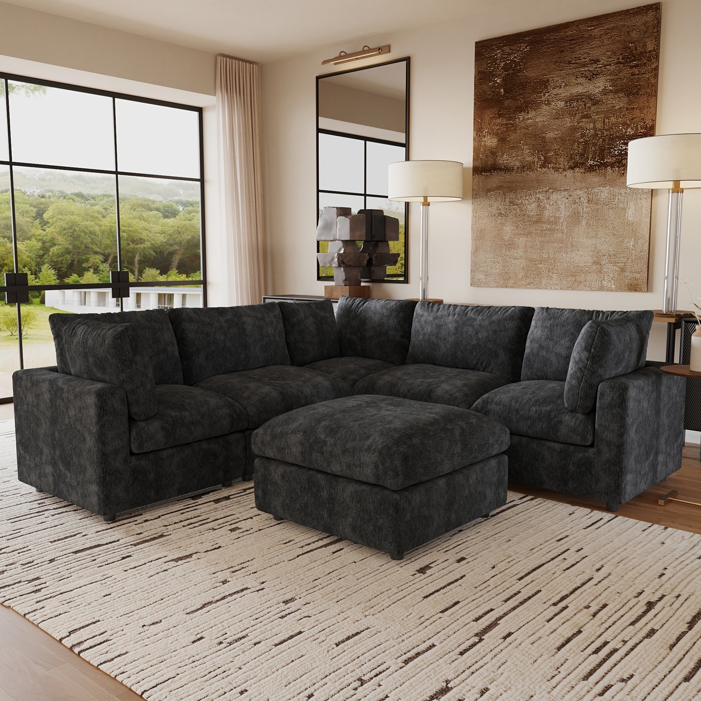 Modular Sectional Sofa Cloud Couch, Oversized 5 Seater Sofa with Ottoman, Extra Large V Shaped Deep Seat Sectional Couches for Living Room, Sofa Covers Washable&Removable