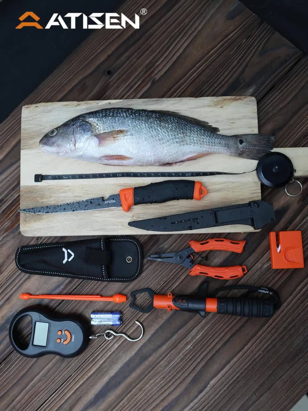 The ATISEN Professional Multifunctional Fishing Tool Set Includes Serrated Knives, an Electronic Scale, a Fish Control Device, a Hook Remover, a Sharpening Tool, And Other Additions. It'S a Must-Have for Fishing Enthusiasts,