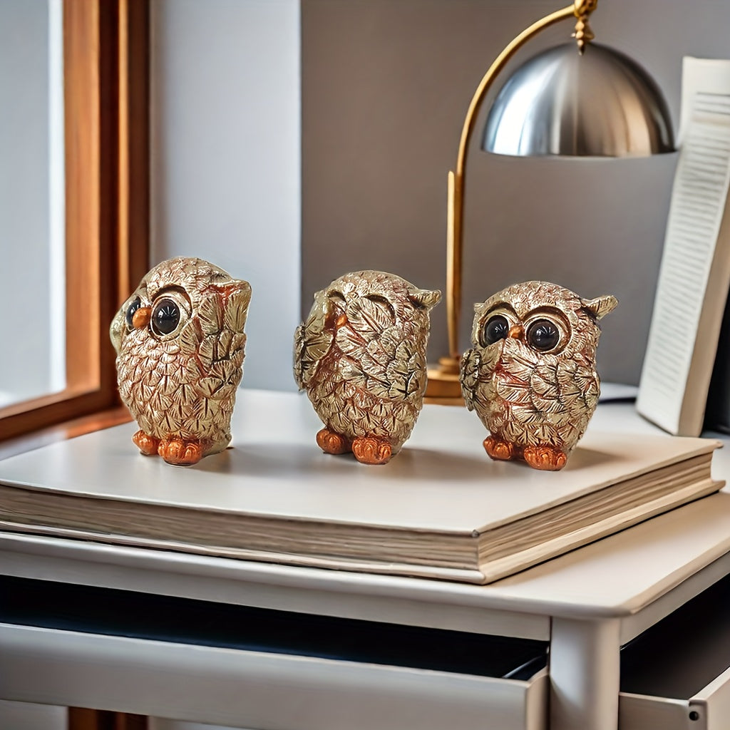 3pcs Set Whimsical Resin Wise Owls Figurines - See Hear Speak No Evil Statues with Quirky Big Eyes, Expressive Faces & Intricate Feather Patterns, Bookshelf & Desk Decor for Home, Home Decor And Accessorie, Odditie And Curios