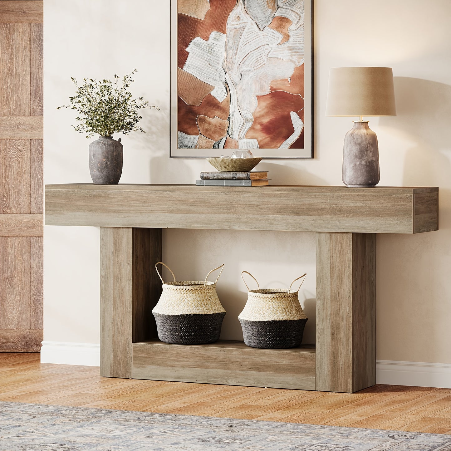 63" Modern Farmhouse Console Table with U-Shaped Base & 2-Tier Shelves - Rustic Brown & Grey Entryway Sofa Table, Engineered Wood/Particle Board, Easy Assembly, Behind Couch Table for Living Room, Hallway, Foyer