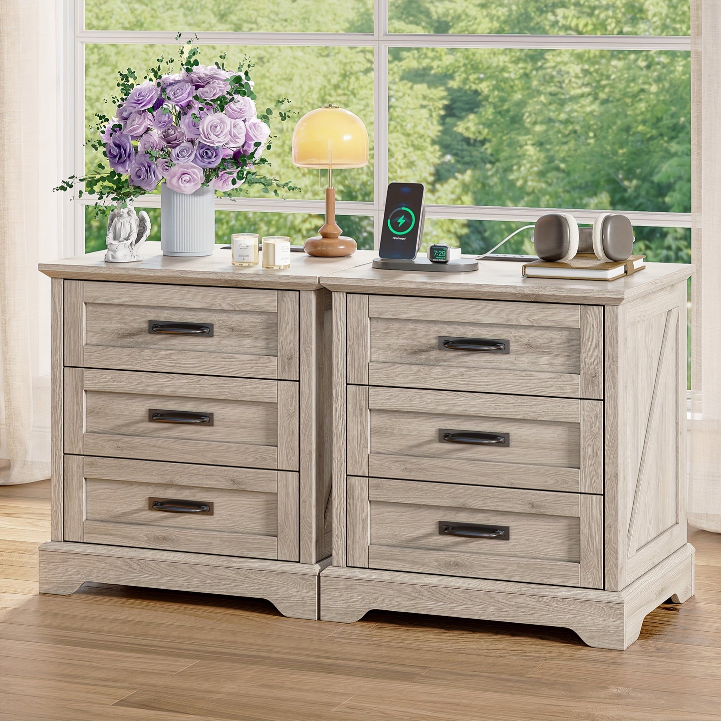 Farmhouse Night Stand Set Of 2 with 3 Drawers, End Table with Charging Station, Wood Rustic Side Table for Bedroom, Living Room White/Cherry/Grey