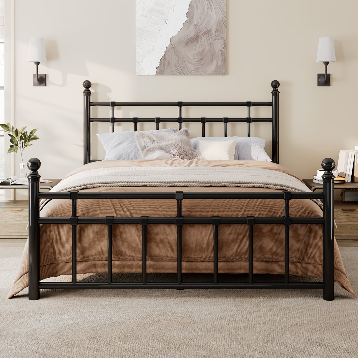 Heavy-Duty Metal Bed Frame, Platform Bed with Classic Wrought Iron-Art Headboard And Footboard, 12" Underbed Space, Easy Assembly, Black, Bed Frame Without Mattress