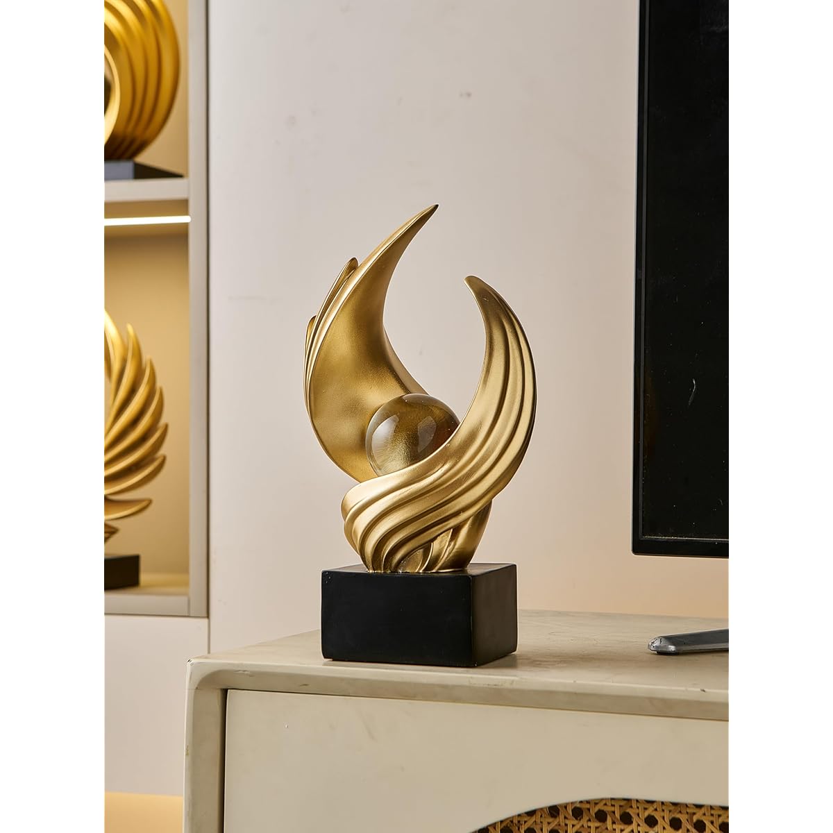 10.43in Tall Modern Abstract Golden Flame Sculpture Statue with Glass Ball Center - Luxury Resin Figurine for home Decor, Wedding Centerpiece, Tabletop or Bookshelf Display - Elegant Golden, Wedding & for hocal Art Piece