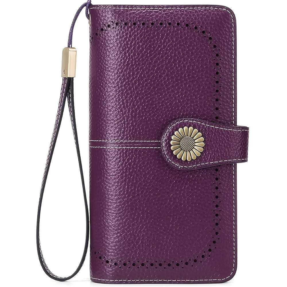 RFID Blocking Women's Genuine Leather Long Wallet with Sunflower Pattern - 24 Card Slots, Phone Pocket, ID Window & Zipper Wristlet, 2 Cash + 4 Receipt Compartments, Gift Box for Daily/Present Use
