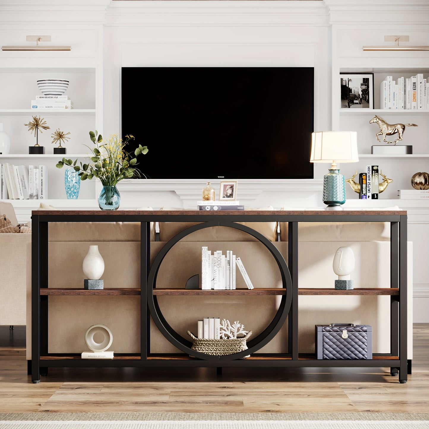 LITTLE TREE 70.9 inch Sofa Console Table, Extra Long Narrow Entryway Tables with 3 Tier Wood Storage Shelves Metal Frame for Foyer Hallway Living Room Behind Couch