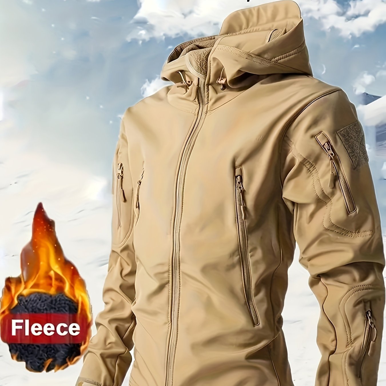 Men's Heavy-Duty Windproof Insulated Tactical Winter Jacket with Full-Zip Hooded Softshell Coat, Multiple Pockets & Zippered Pocket Flap - Machine-Washable Outdoor Survival Gear for Hiking, Skiing, Hunting, Camping (Black) -