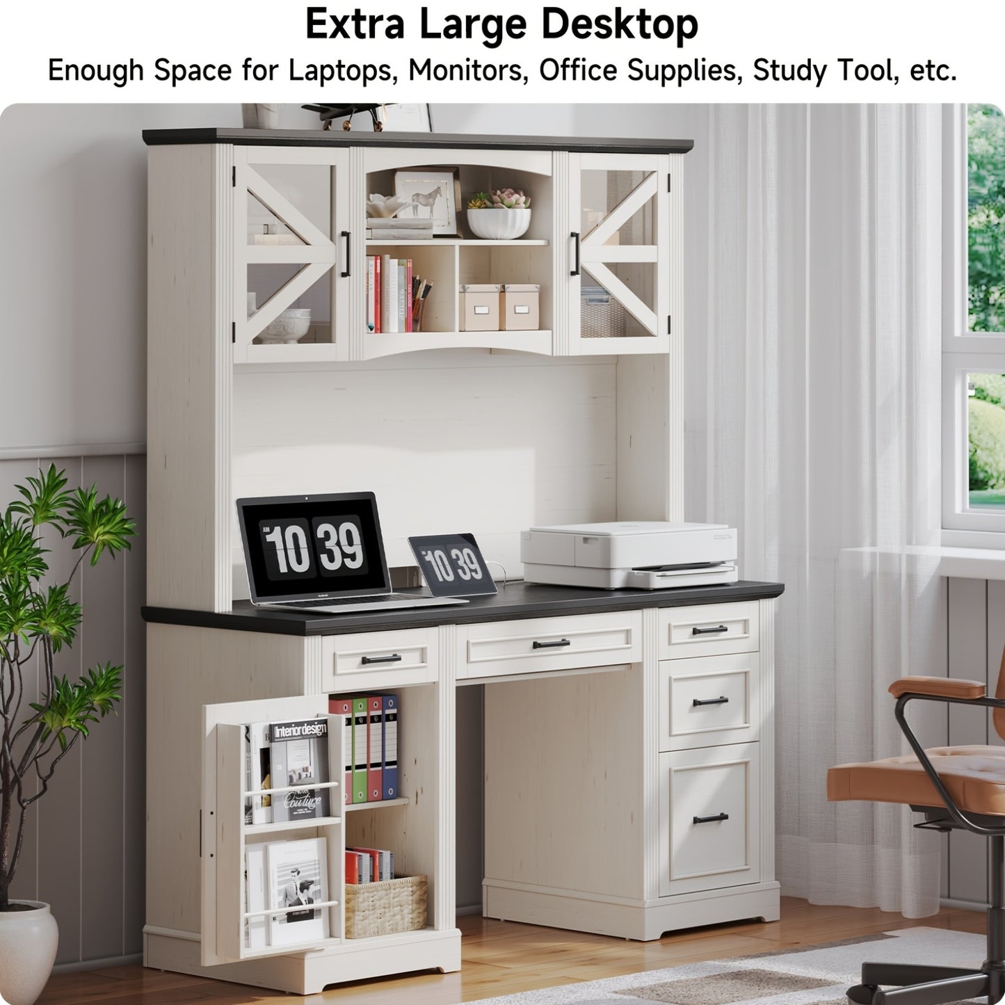 73-inch H Farmhouse Style Executive Desk with Bookshelves And Charging Station | Desk with 5 Drawers, Locker, And Cable Management System, Home Computer Workstation, Off White& Black