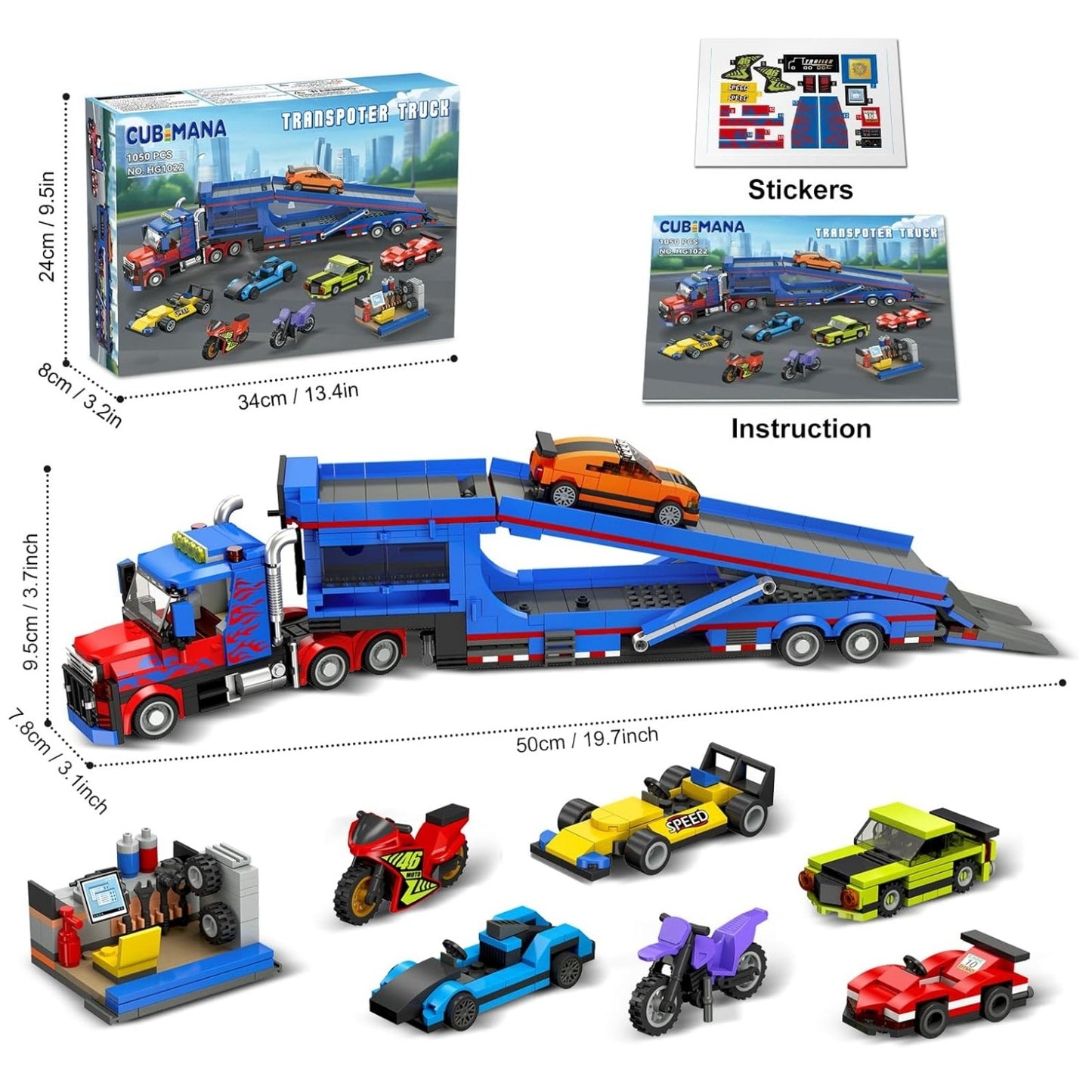 1050pcs Large Building Truck Set with 7 Sports Cars & Motorcycles - Adjustable Ramp, Removable Roof/Cab, Detachable Trailer - STEM for &, Realistic Tow Truck Play, Compatible with City Play