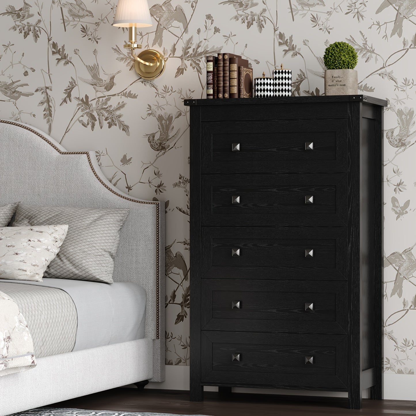 Dresser for Bedroom, Vertical 5 Drawer Dresser, Tall Wood Dresser Storage Organizer, Modern Narrow Slim Nightstand Bedside Table of Drawers for Hallway, Living Room, Dorm, Entryway