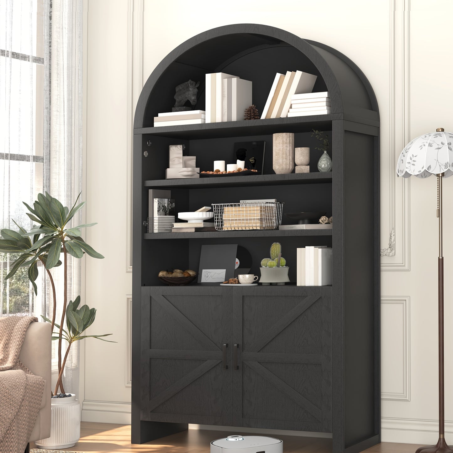 71-Inch Curved Bookshelves, a Tall Wooden Bookcase Featuring a Lower Cabinet, a Contemporary Pantry Storage Unit Suitable for The Kitchen, Living Room, Or Office