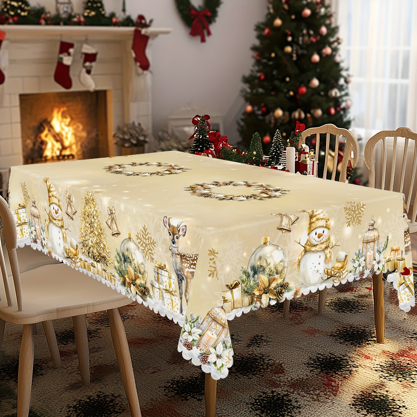 1pc Golden Christmas Happy Theme Printed Tablecloth, Retro Farmhouse Style, Snowman, Elk, Christmas Tree Pattern Design, Christmas, New Year Party, Party Decoration, Kitchen Accessories, Room and Outdoor Decoration, Gift for