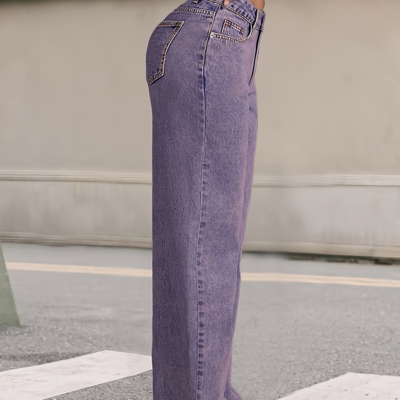 Women'S Plus-Size High-Waist Stretch Straight-Leg Jeans - Opaque Stretch Denim Fabric, Relaxed H-Line Fit with Built-In Zipper Closure, 7/8 Length Ankle, Purple & Light Blue Color Options - All-Season Casual & Formal Wear