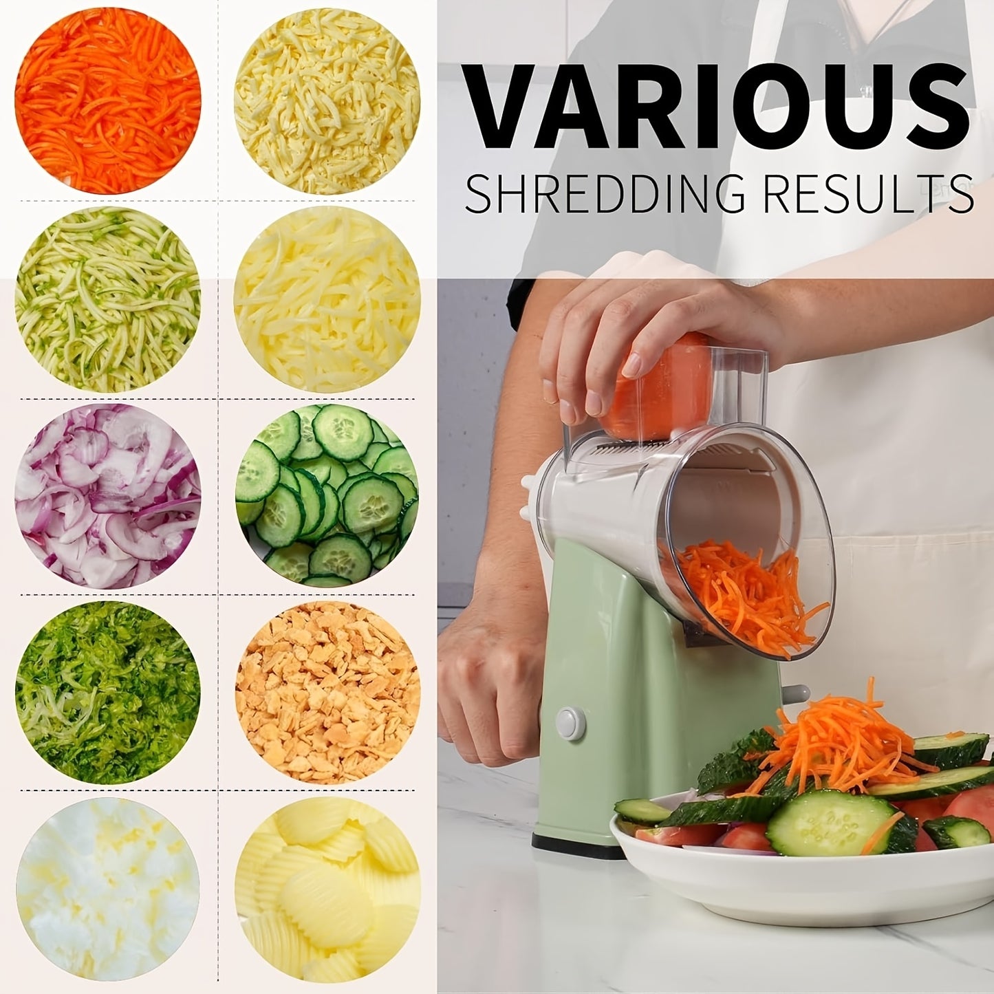 Heavy-Duty Rotary Cheese Grater Shredder with 5 Interchangeable Blades & Storage Box - Multi-Purpose Processor for Ice, Vegetables, Fruit, Nuts - Heavy-Duty Plastic Grater Slicer with Base, Suitable for & Commercial Use