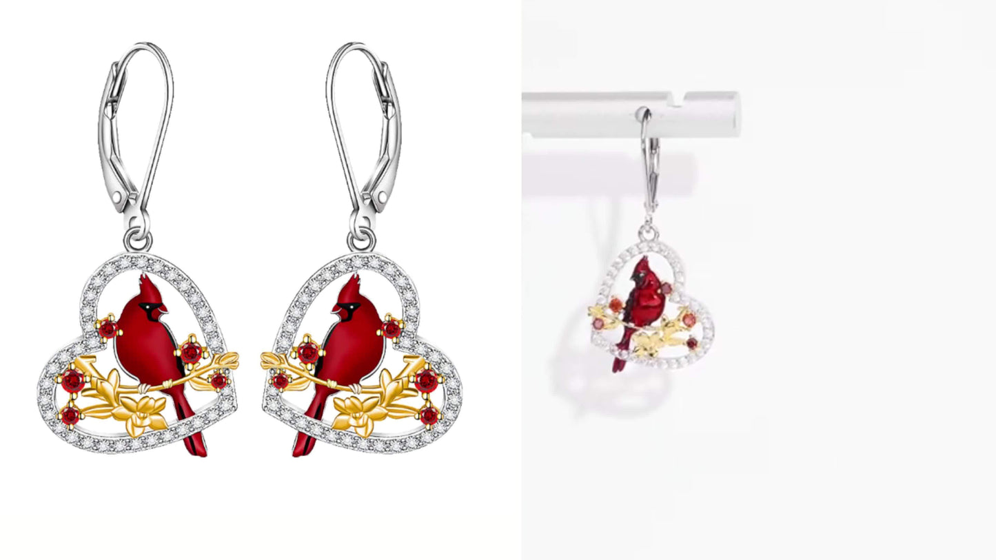 Red Bird Cardinal Earrings for Women, 925 Sterling Silver Cardinal Appears When an Angel Approaches Drop Earrings, Heart Shaped Cardinal Jewelry Memorial Gift, Best Choice for Christmas Gift