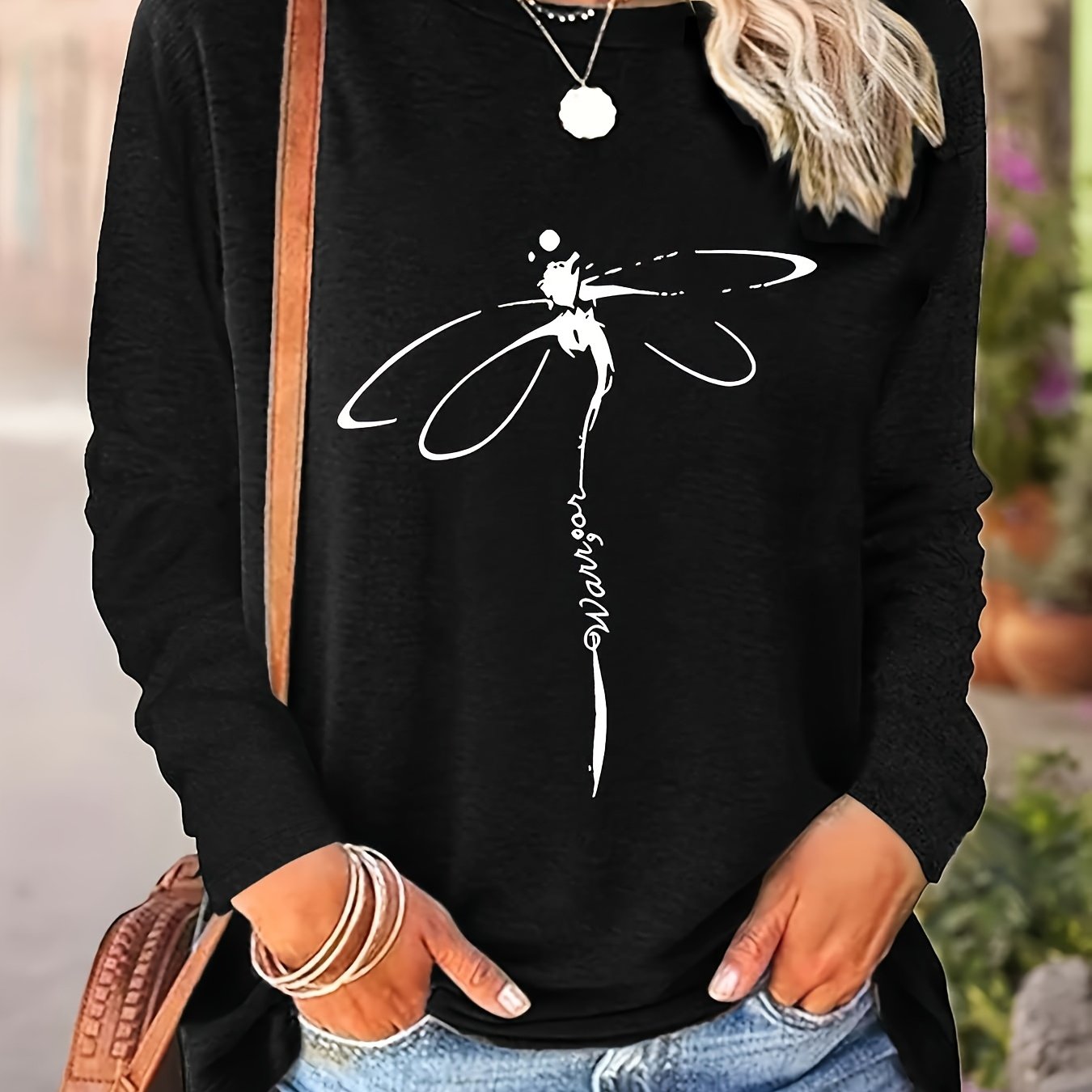 Plus Size - Plus Size Women'S Turquoise Dragonfly Print T-Shirt - Long Sleeve Round Neck Casual Layered Top with Chinese Character Design, Oversized Fit for Spring & Fall