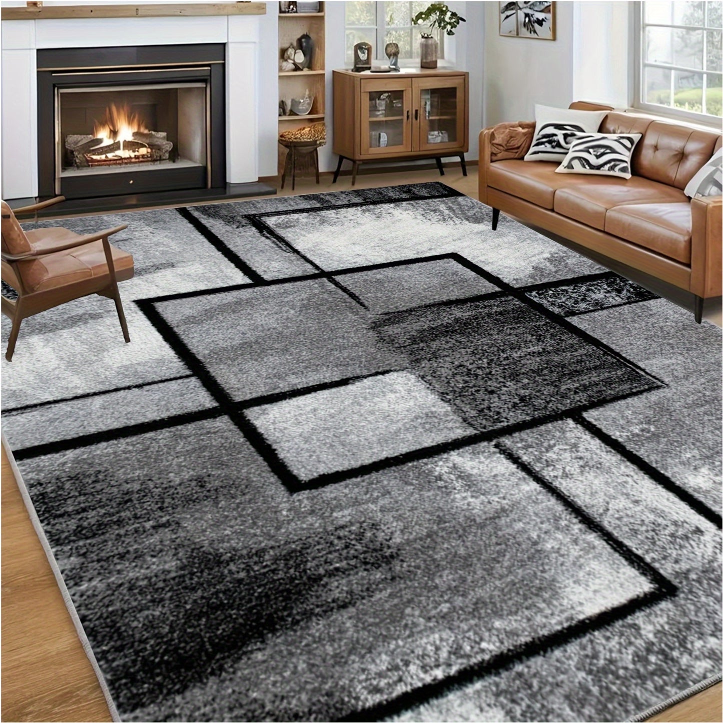 Washable Area Rugs Made of Geometric Black And White Velvet Material, Suitable for Living Rooms And Bedrooms. These Ultra-Soft Retro Dining Room Rugs Are Non-Slip And Low Pile, Perfect for Home Office Decor And Kitchen Entryw