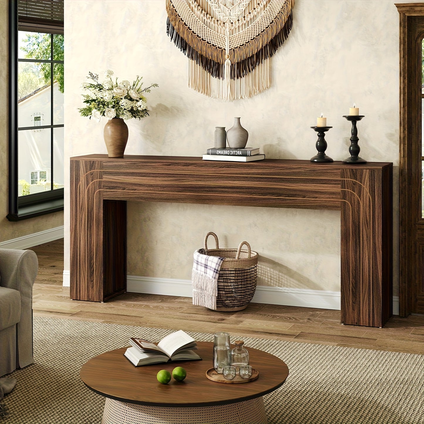 70.9" Modern Farmhouse Console Table Narrow Entryway Table with Handcrafted Line Design - Wood Grain MDF/ Sofa Table Suitable for Hallway, Living Room, Behind Couch - Space-Saving Assembly-Friendly Furniture