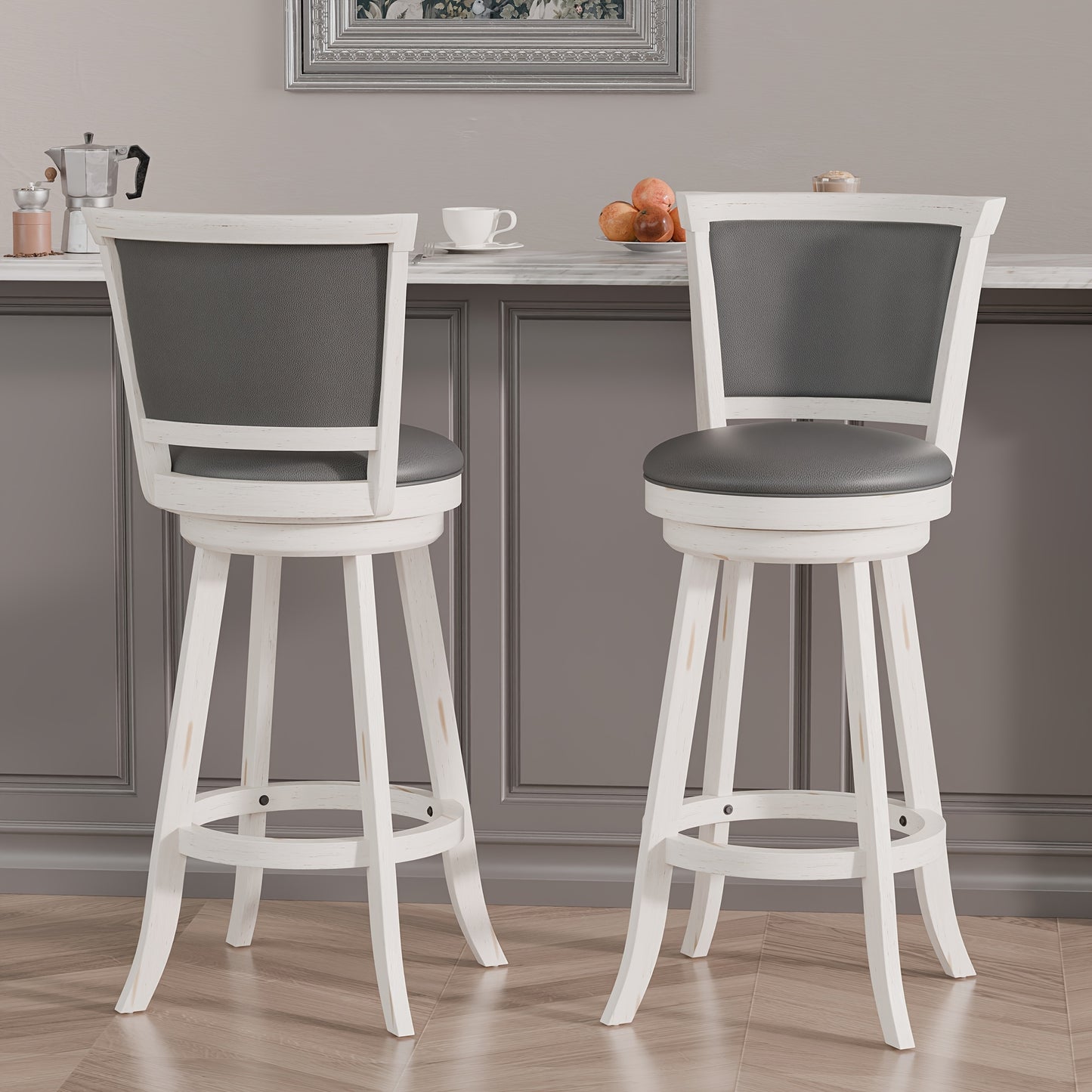 High Back Swivel Bar Stools, Bar Height Swivel Stools with Grey Faux Leather Upholstered Seat & Solid Wood Footrest, Counter Bar Chairs for Pub, Bar, Kitchen Island, Set Of 2