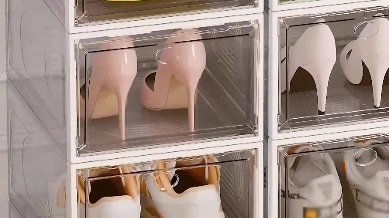 Thicken & Sturdy Clear Shoe Storage Organizer with Magnetic Door, Stackable Boxes for Closet, Foldable Space-Saving Shoe Rack for Sneaker Boot Container, Plastic Shoe Cabinet Shoe Box 6pcs, Shoe Storage Boxes, Portable Shoe R