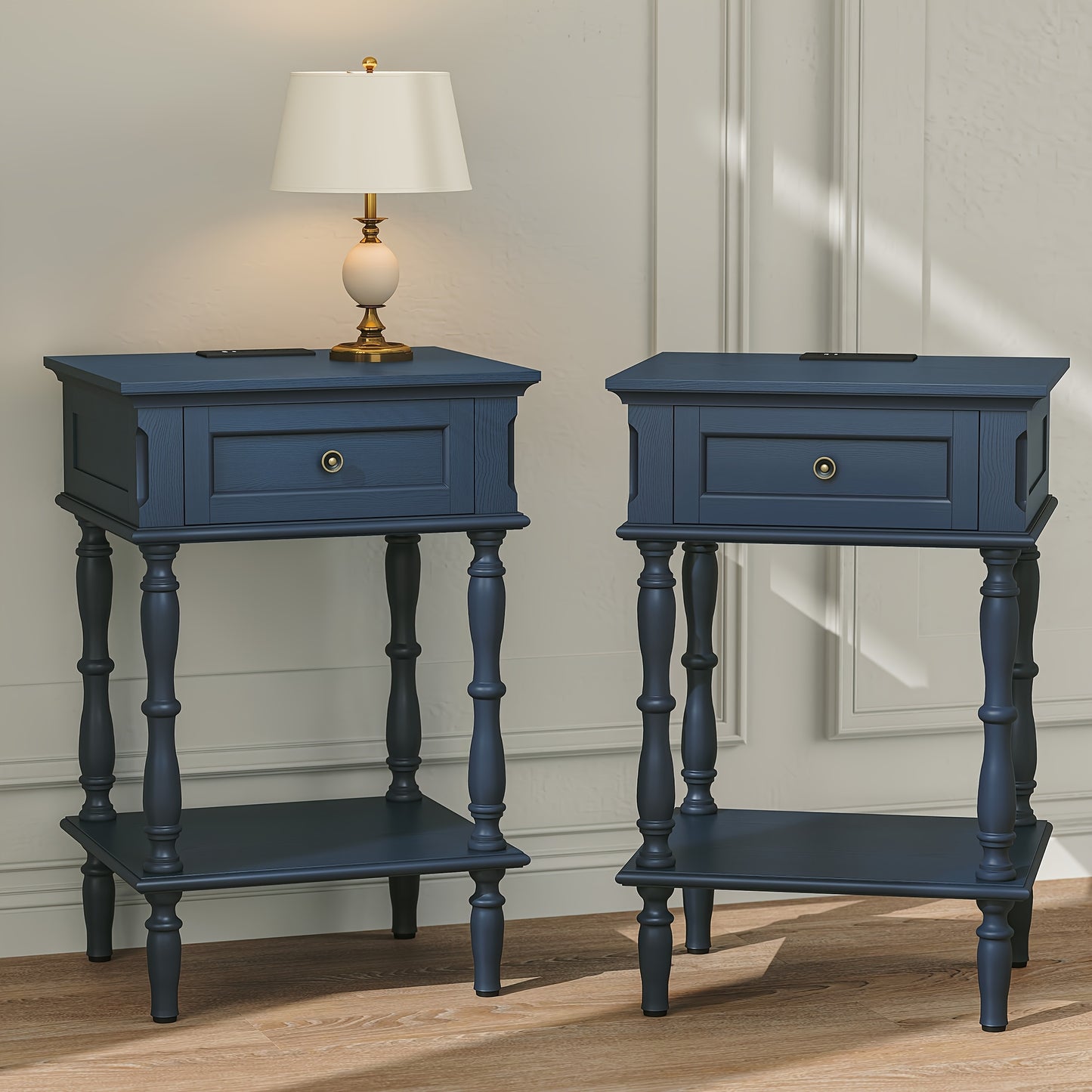 Set of 2 Retro Wood Nightstands | Minimal Assembly, Tree-Veneer, Small Bedside Table with Drawer and Shelf, Suitable for Living Room and Bedroom