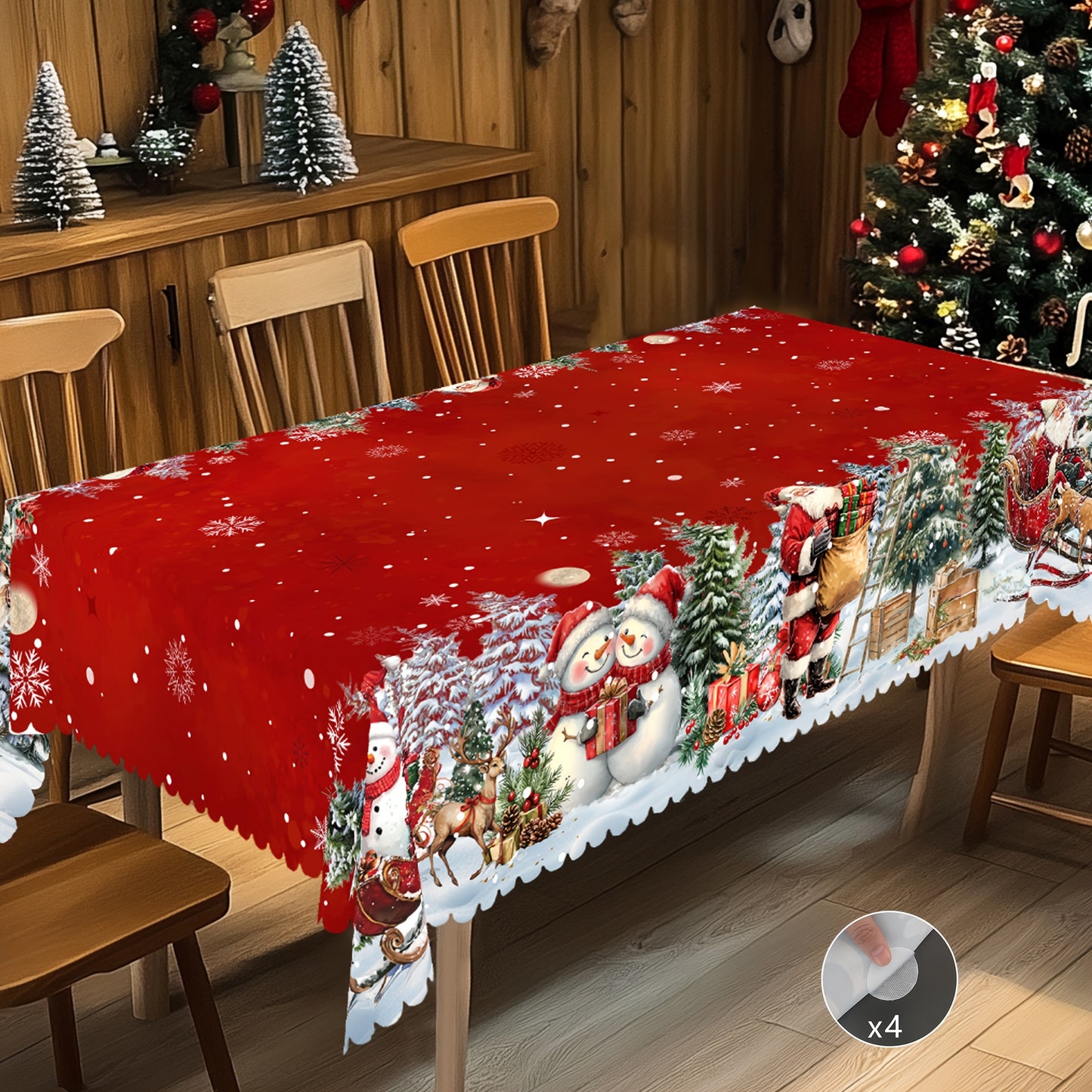 1pc Merry Christmas Themed Red Printed Tablecloth, Farmhouse Style, Santa Claus, Snowman, Snow Scenery Design, Christmas, New Year Gatherings, Parties Decor, Kitchen Accessories, Room&Outdoor Decor, Gift to Friends, Rectangul