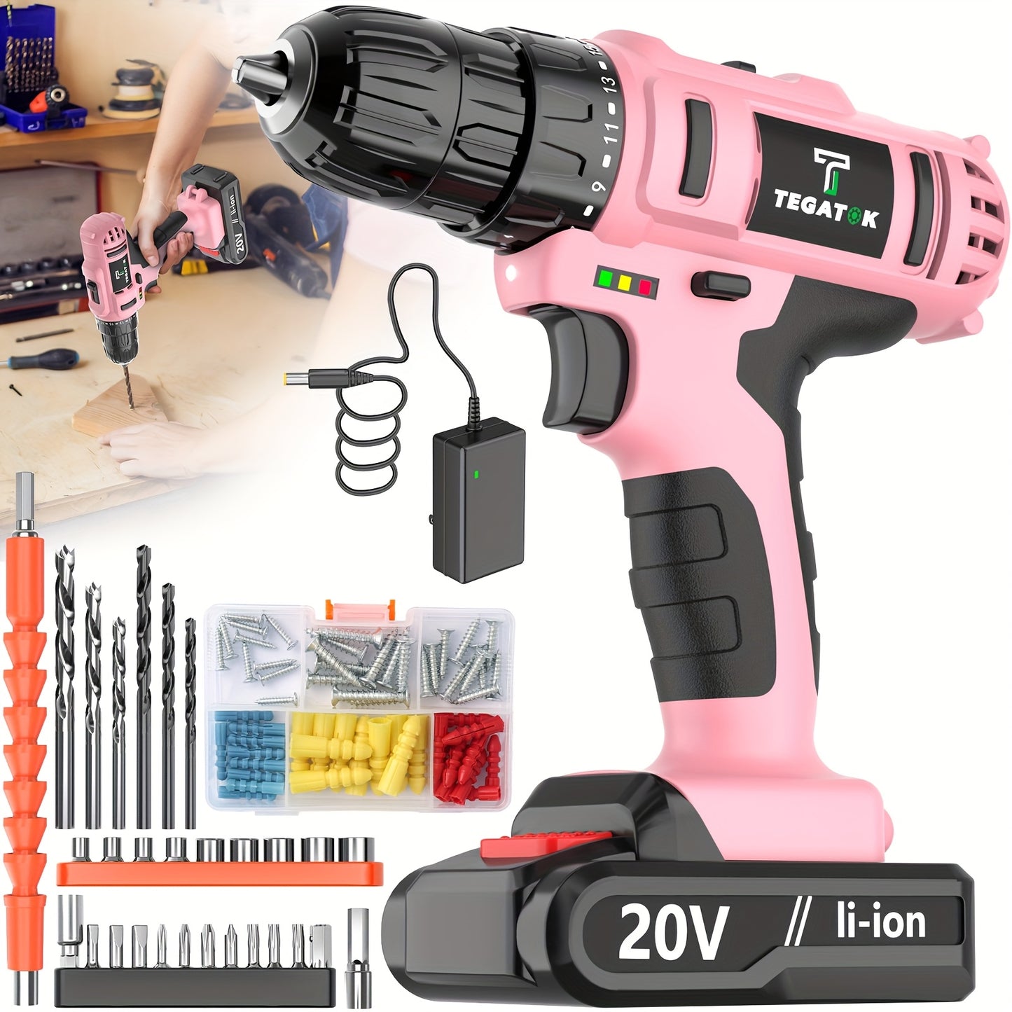 20V Cordless Drill Set, Impact Power Drill with 3/8 Inch Keyless Chuck, 18+3 Clutch Electric Drill with Work Light, Max Torque 45Nm, 2-Variable Speed & 2.0AH Batteries And Fast Charger, Bits Set And Box for, Home Repair, Gift