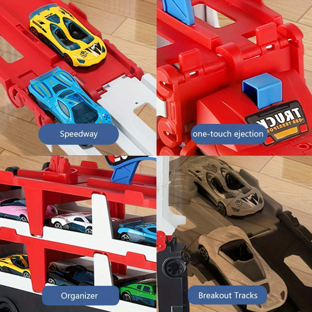 Battery-Powered Red Double-Decker Truck with Foldable Ejectable Track - 6 Alloy Mini Cars Included - Push Operation Playset for Ages 3+, Ideal Birthday, Halloween, Easter Gift