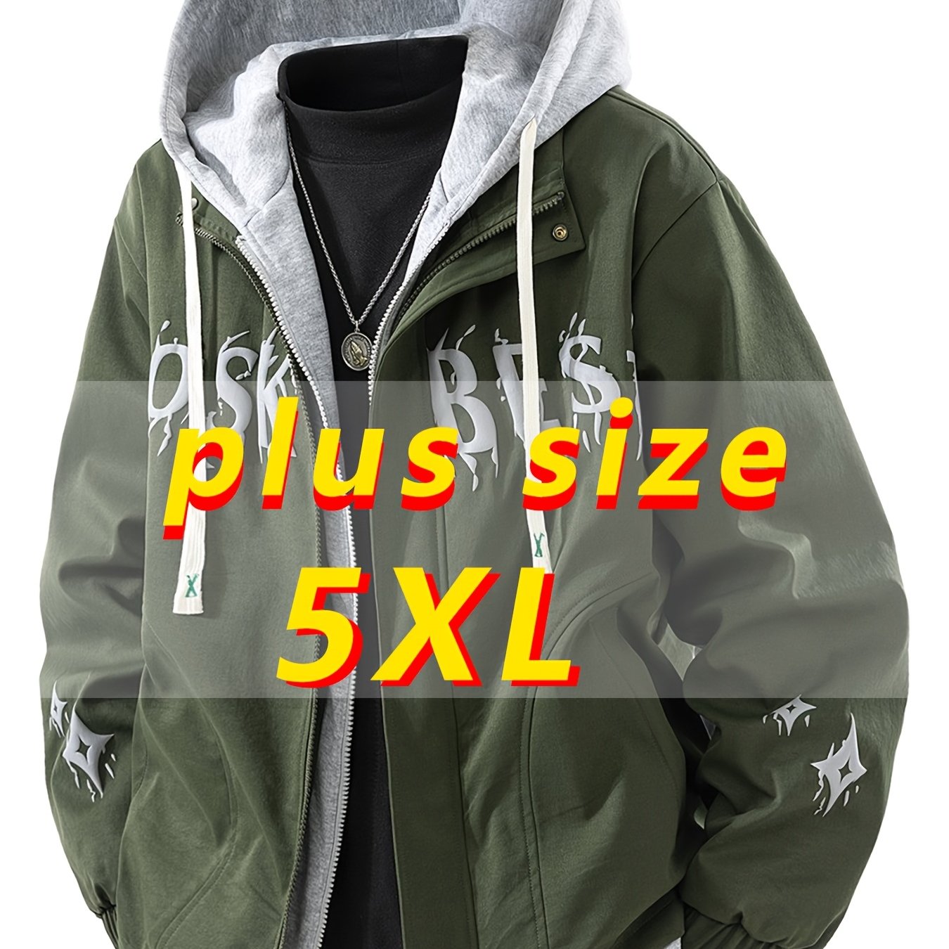 Men'S Urban Fashion: A Large, Color-Blocked Hooded Jacket Featuring Striking Text And a Faux Layering Style, Along with a Spring Crewneck Sweatshirt Designed to Look Like a Two-Piece, And a Casual Zip-Up, Plus Size