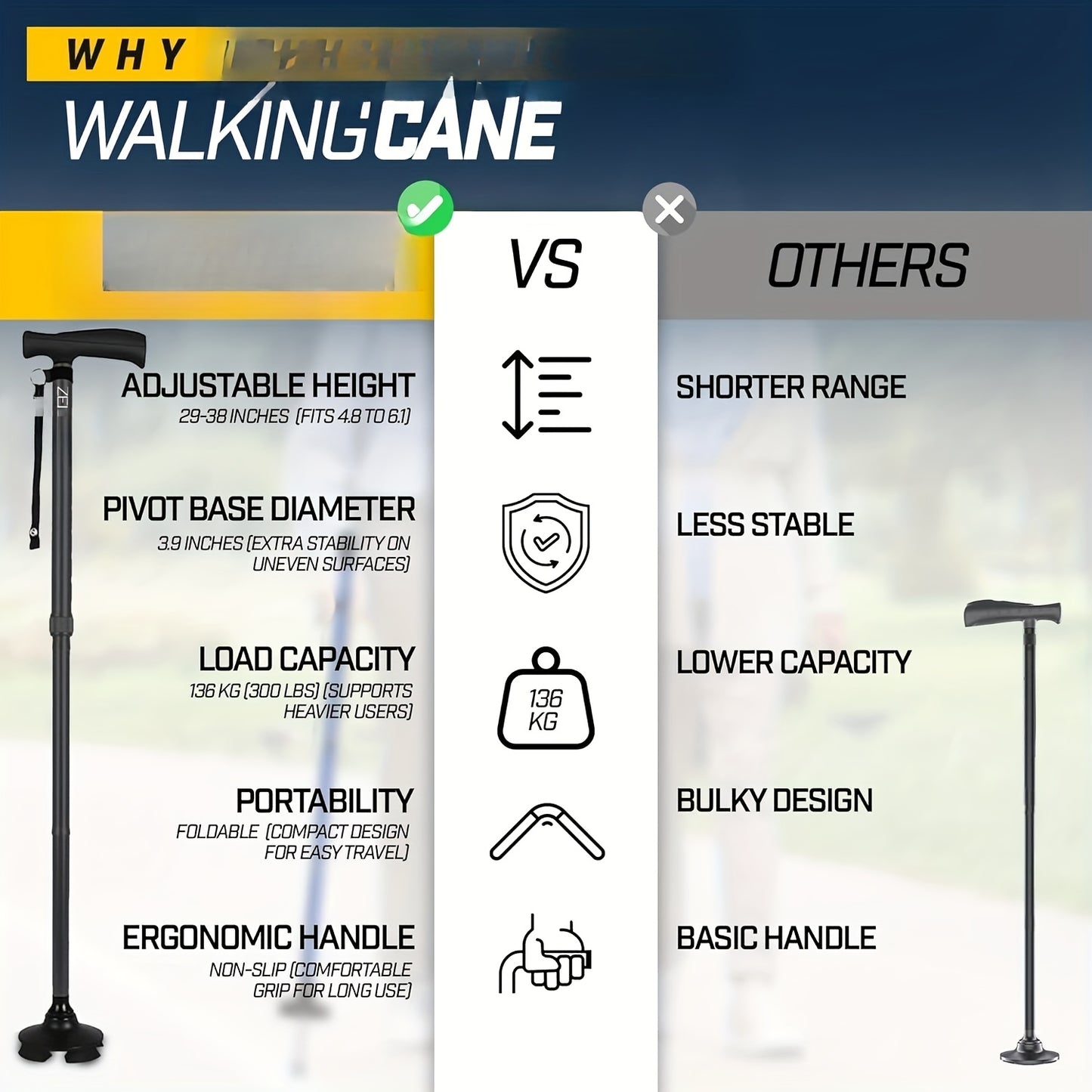 Adjustable Folding Walking Cane for Seniors - Lightweight Self-Standing Collapsible Design with T-Handle & 360° Pivot Base, 300lb Capacity, Ergonomic Grip, Compact Storage, Black, Elderly Mobility Aid, Secure Locking Mechani