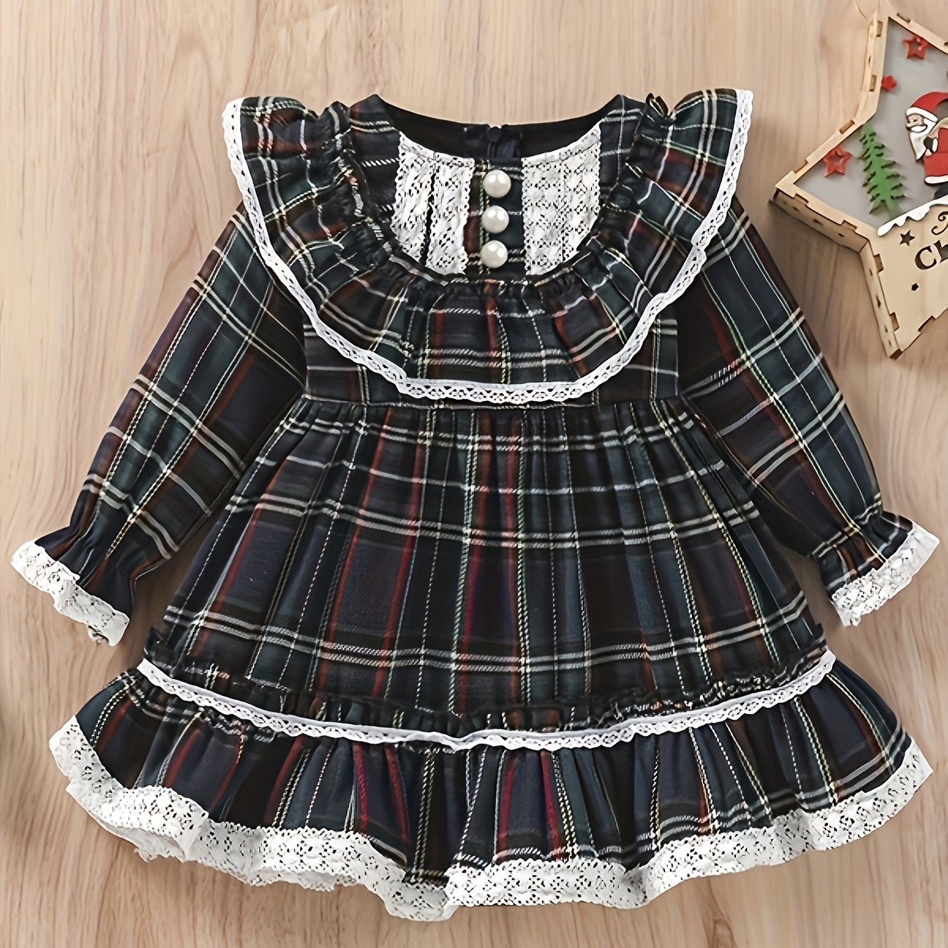 Red Green Plaid Halloween Christmas Girls Dress with High Neck And Lace Trim, Ruffled Cuffs Holiday Party Outfit