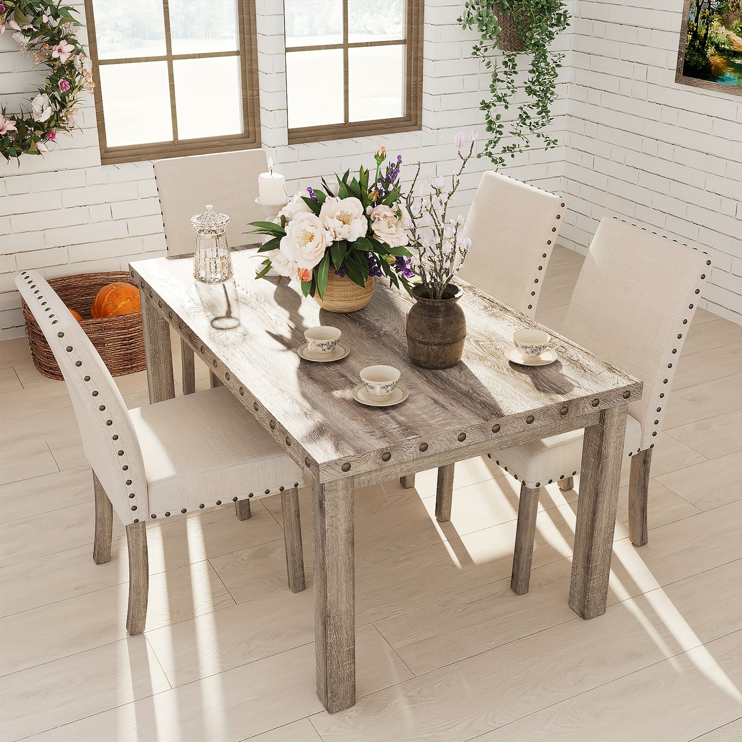 7/5pcs Rustic Modern Farmhouse Dining Table and Chair Set Suitable for Spacious Dining Rooms, Entertaining - Solid Wood & MDF Table with Sturdy Legs, Assembly, Wood Grain, Tableset for,, or Use