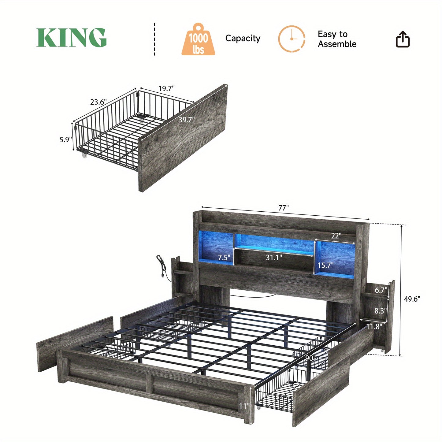 PAPABABE Bed Frame Featuring a 49.6-Inch Bookcase Headboard, Four Drawers, And Two Removable Storage Racks - a Farmhouse-Style Wooden Bed Frame Equipped with RGB LED Lights And a Charging Station, No Box Spring Required