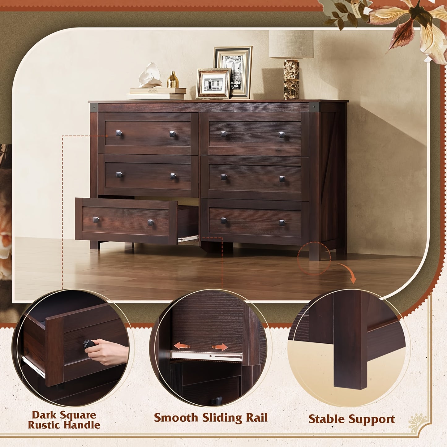 6-Drawer Solid Wood Dresser - Rustic Wide Chest of Drawers with Black Knobs, /Beige, Heavy-Duty, 27"+ Height -Standing for Bedroom, Living Room, Hallway Organizer (Assembly Required)