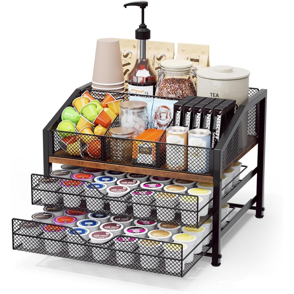 Coffee Bar Organizer - Coffee Station for Countertop | Metal and Wood K Cup Holder Storage Basket for Coffee Pods, Syrup, Cups, Stirrer, Coffee Condiment, Tea Organizer, Black and Brown, Varnished End
