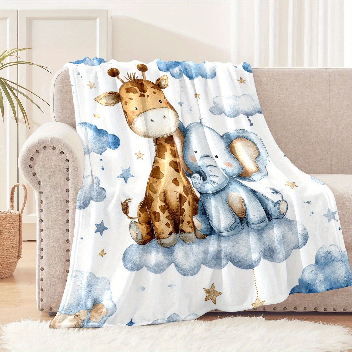 280gsm Jungle Bedspread - Giraffe & Elephant Plush Flannel Quilt Set with Clouds & Stars, Soft All-Season Bedding for, Bed, Sofa, Car, Camping - Cute Baby Animal Blanket Gift, Leopard Throw Blanket, Animal Hooded Blanket, Blu