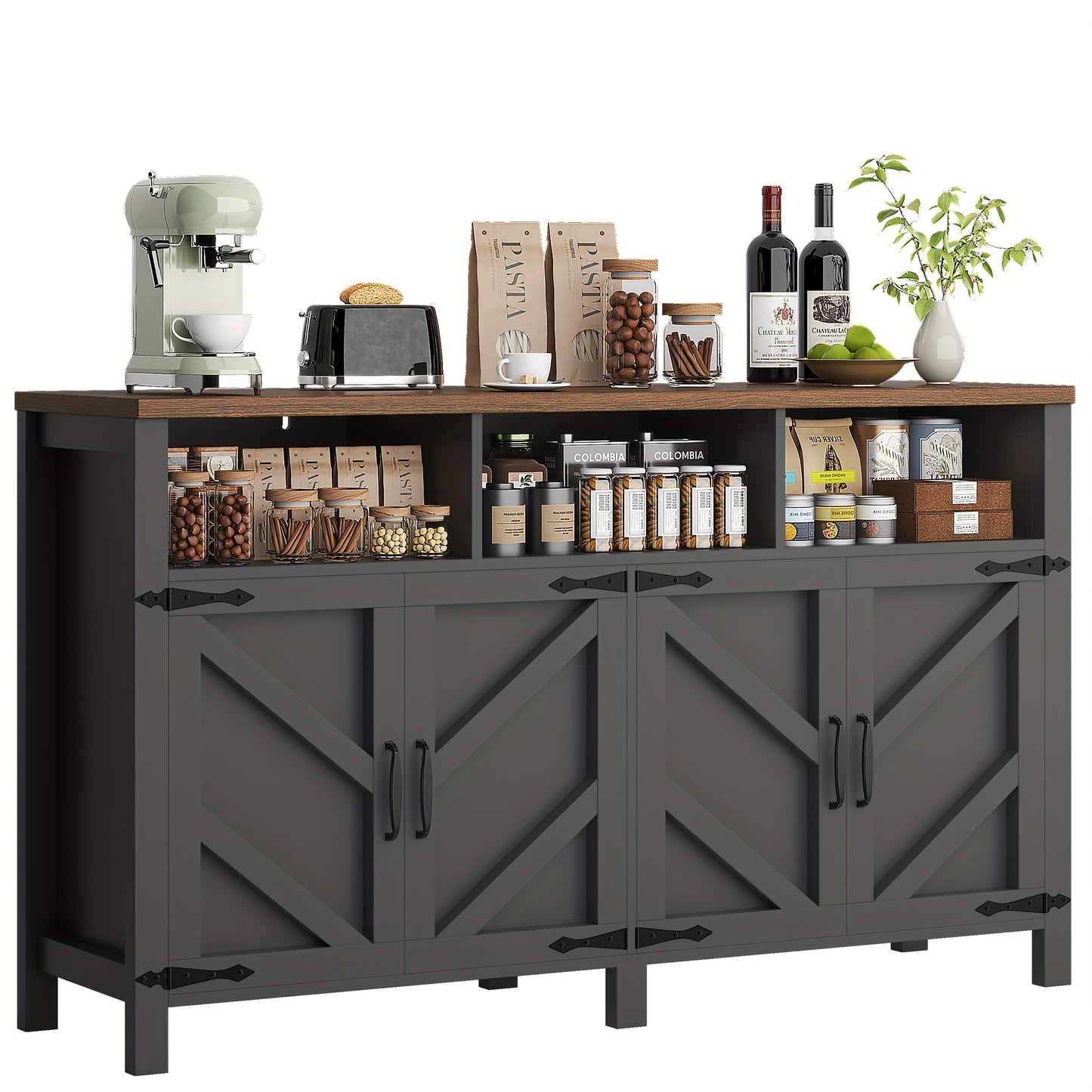 A Storage Cabinet Designed in a Farmhouse Style Featuring a Fishbone Pattern, Equipped with Seven Compartments And a Door Frame. Ideal for Use in Kitchens, Dining Areas, Storage Rooms, And As a Dressing Table in Bedrooms